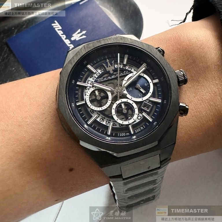 MASERATI:手錶,型號:R8873642012,男錶46mm黑錶殼寶藍機械鏤空錶面精鋼錶帶款-細節圖4
