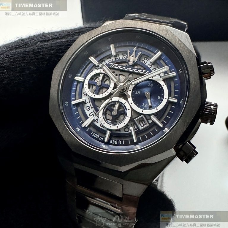 MASERATI:手錶,型號:R8873642012,男錶46mm黑錶殼寶藍機械鏤空錶面精鋼錶帶款-細節圖7