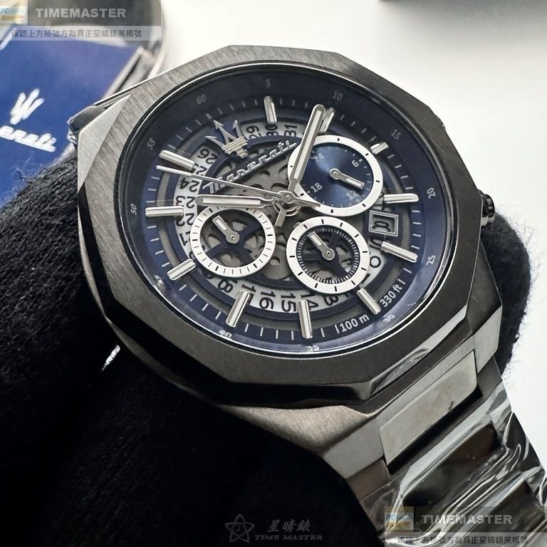 MASERATI:手錶,型號:R8873642012,男錶46mm黑錶殼寶藍機械鏤空錶面精鋼錶帶款-細節圖8