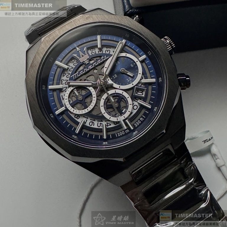 MASERATI:手錶,型號:R8873642012,男錶46mm黑錶殼寶藍機械鏤空錶面精鋼錶帶款-細節圖9