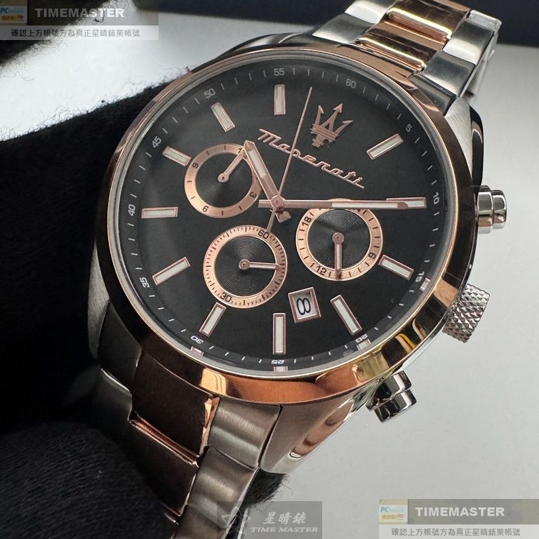 MASERATI:手錶,型號:R8853151002,男女通用錶42mm玫瑰金錶殼黑色錶面精鋼錶帶款-細節圖3