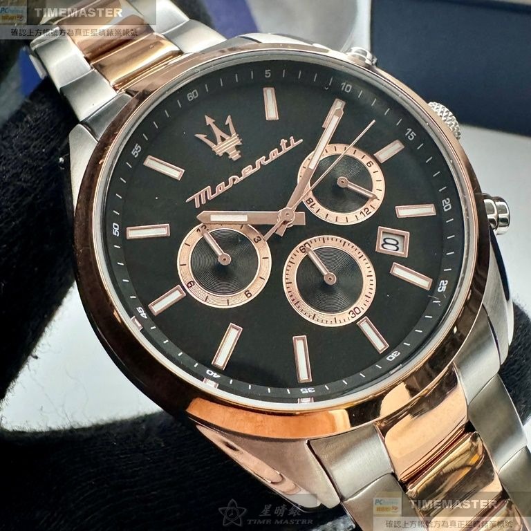 MASERATI:手錶,型號:R8853151002,男女通用錶42mm玫瑰金錶殼黑色錶面精鋼錶帶款-細節圖8