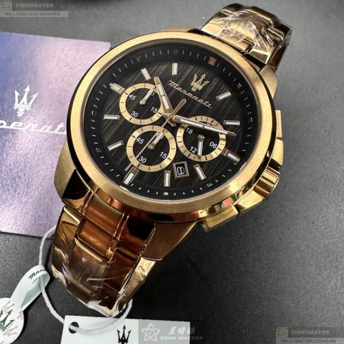 MASERATI手錶,編號R8873621013,44mm金色圓形精鋼錶殼,黑色三眼, 中三針顯示錶面,金色精鋼錶帶款