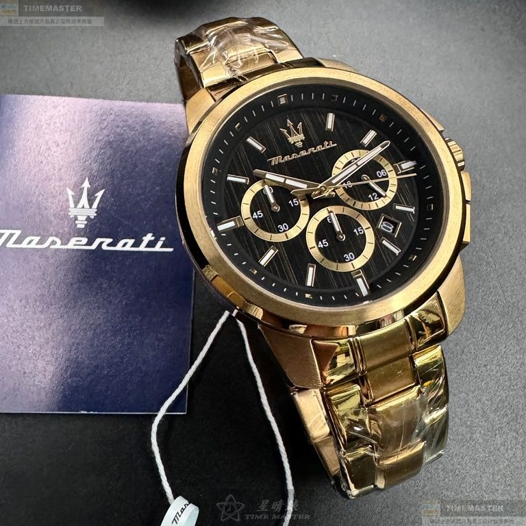 MASERATI手錶,編號R8873621013,44mm金色圓形精鋼錶殼,黑色三眼, 中三針顯示錶面,金色精鋼錶帶款-細節圖2