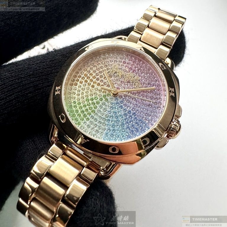 COACH手錶,編號CH00199,34mm金色圓形精鋼錶殼,彩虹中三針顯示, 滿天星錶面,金色精鋼錶帶款-細節圖2