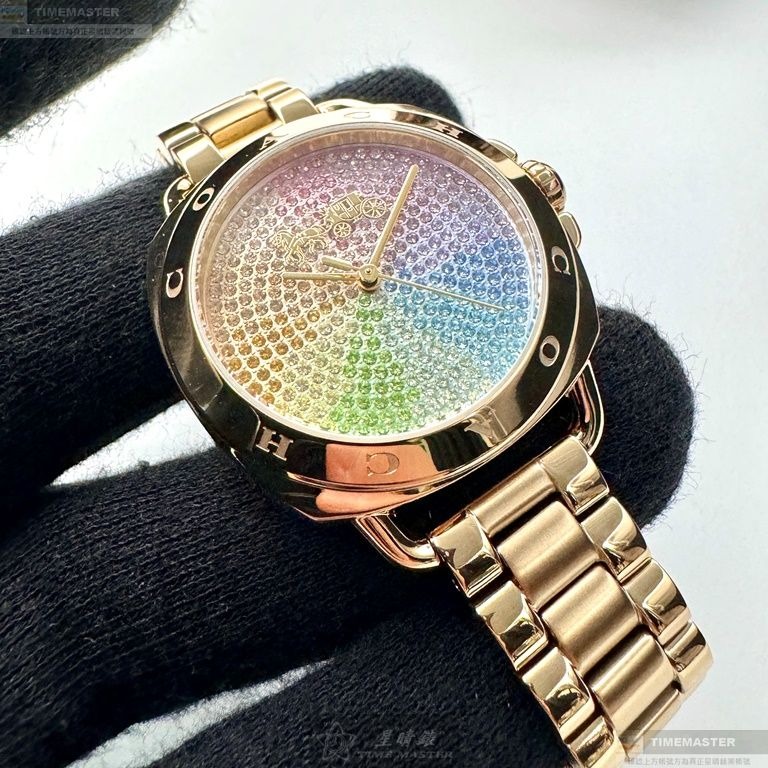 COACH手錶,編號CH00199,34mm金色圓形精鋼錶殼,彩虹中三針顯示, 滿天星錶面,金色精鋼錶帶款-細節圖3