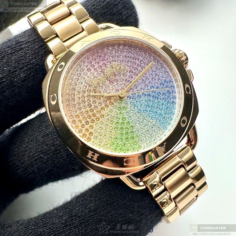 COACH手錶,編號CH00199,34mm金色圓形精鋼錶殼,彩虹中三針顯示, 滿天星錶面,金色精鋼錶帶款-細節圖7