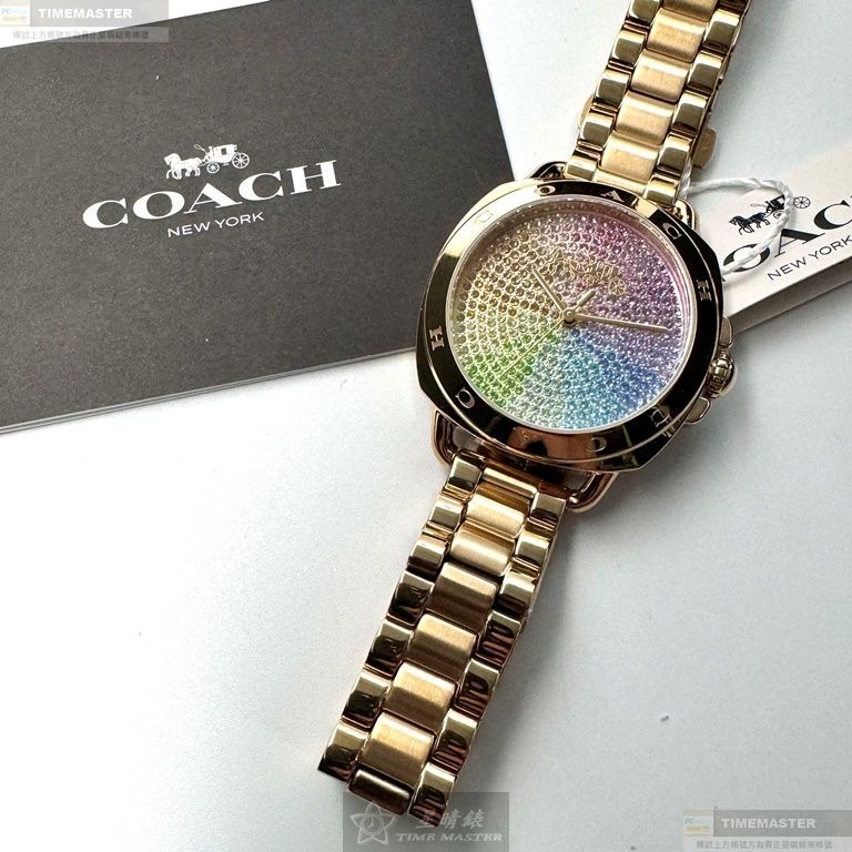 COACH手錶,編號CH00199,34mm金色圓形精鋼錶殼,彩虹中三針顯示, 滿天星錶面,金色精鋼錶帶款-細節圖8
