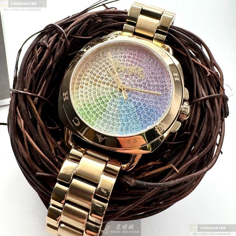 COACH手錶,編號CH00199,34mm金色圓形精鋼錶殼,彩虹中三針顯示, 滿天星錶面,金色精鋼錶帶款-細節圖9