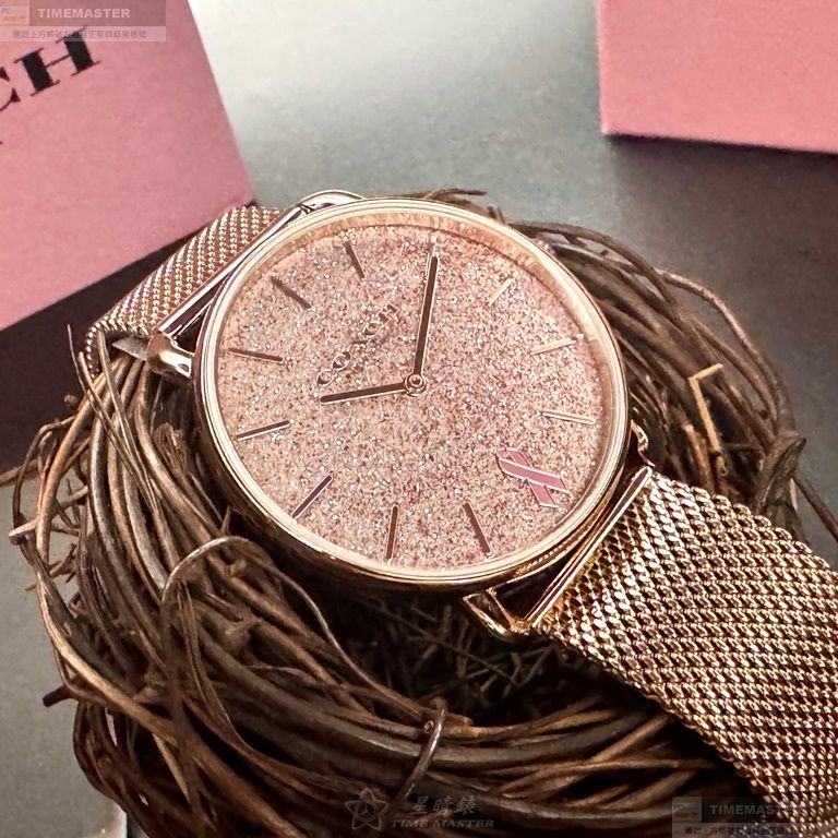 COACH手錶,編號CH00201,36mm玫瑰金圓形精鋼錶殼,粉紅碎鑽簡約, 中二針顯示錶面,玫瑰金色米蘭錶帶款-細節圖3