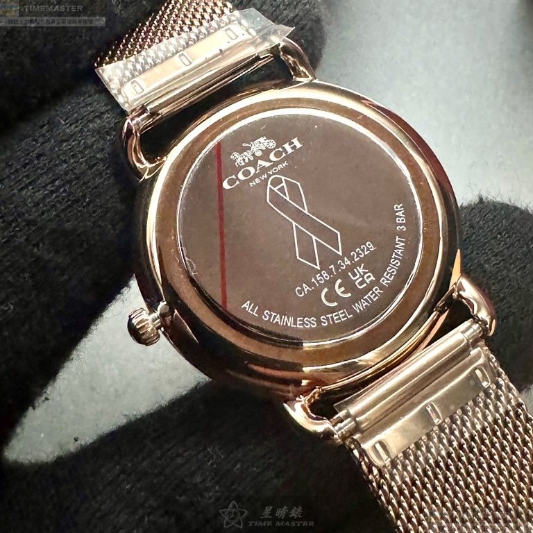 COACH手錶,編號CH00201,36mm玫瑰金圓形精鋼錶殼,粉紅碎鑽簡約, 中二針顯示錶面,玫瑰金色米蘭錶帶款-細節圖7