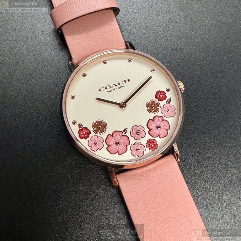 COACH手錶,編號CH00204,36mm玫瑰金圓形精鋼錶殼,白色中二針顯示, 山茶花錶面,粉紅真皮皮革錶帶款-細節圖2