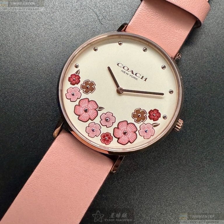 COACH手錶,編號CH00204,36mm玫瑰金圓形精鋼錶殼,白色中二針顯示, 山茶花錶面,粉紅真皮皮革錶帶款-細節圖3