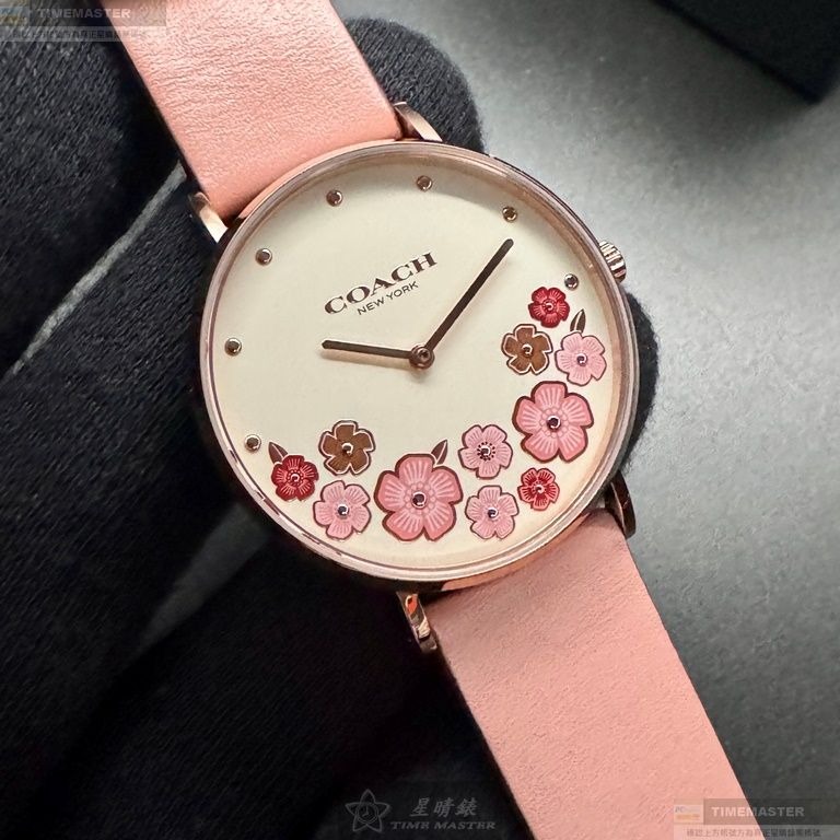 COACH手錶,編號CH00204,36mm玫瑰金圓形精鋼錶殼,白色中二針顯示, 山茶花錶面,粉紅真皮皮革錶帶款-細節圖4