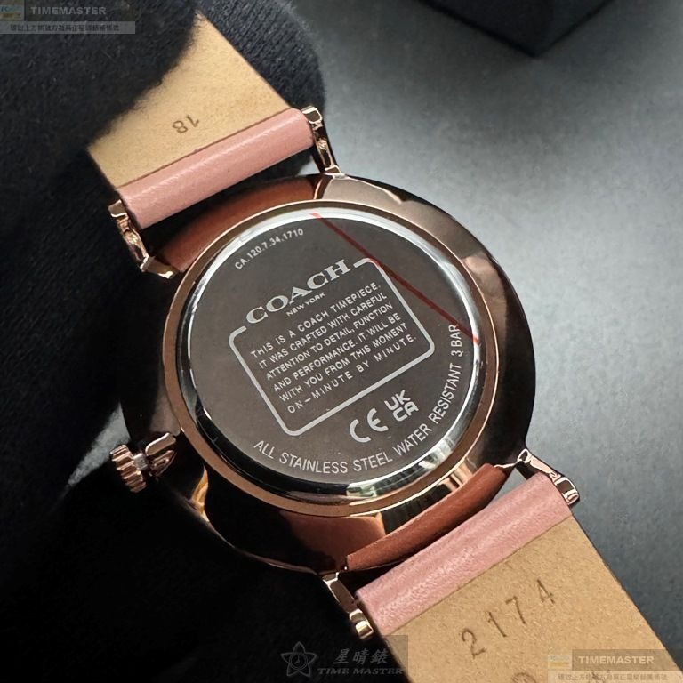 COACH手錶,編號CH00204,36mm玫瑰金圓形精鋼錶殼,白色中二針顯示, 山茶花錶面,粉紅真皮皮革錶帶款-細節圖5
