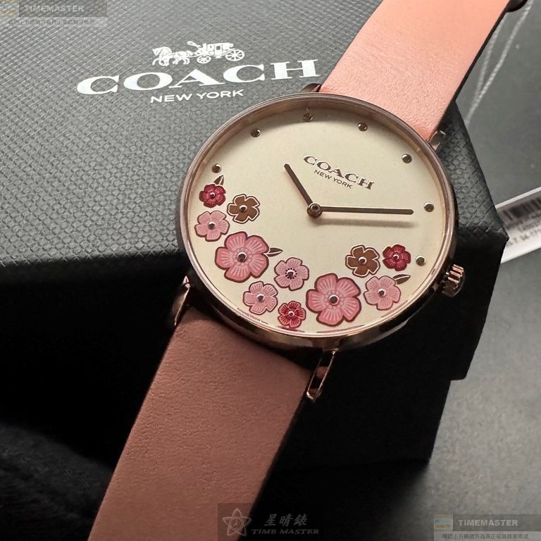 COACH手錶,編號CH00204,36mm玫瑰金圓形精鋼錶殼,白色中二針顯示, 山茶花錶面,粉紅真皮皮革錶帶款-細節圖9