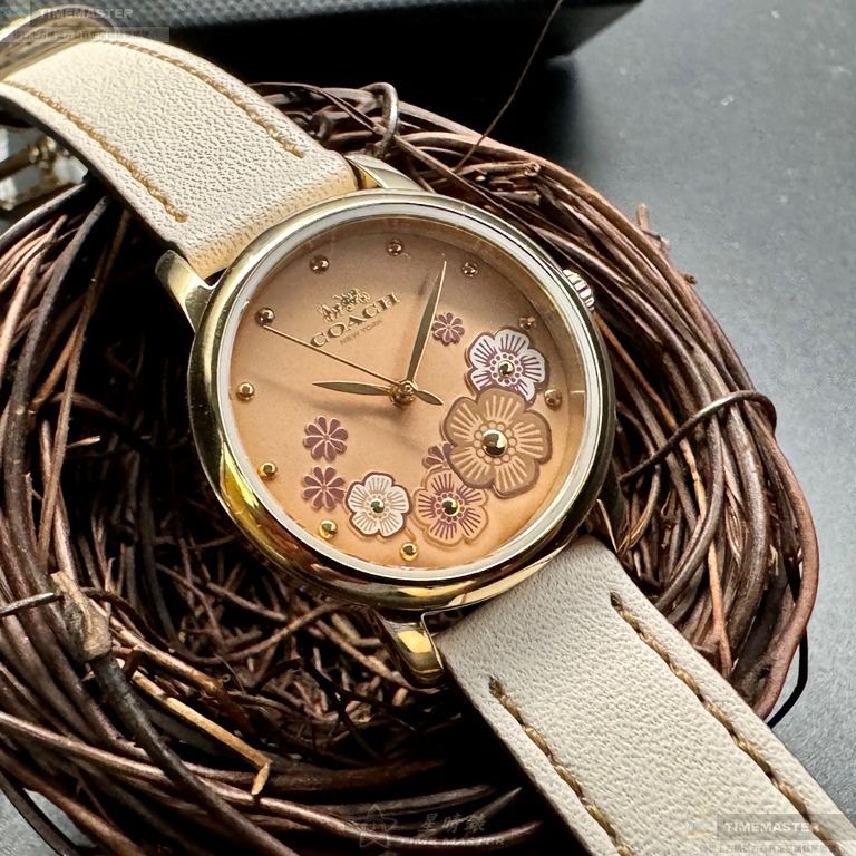 COACH手錶,編號CH00207,28mm金色圓形精鋼錶殼,粉紅中三針顯示, 山茶花錶面,米黃真皮皮革錶帶款-細節圖2