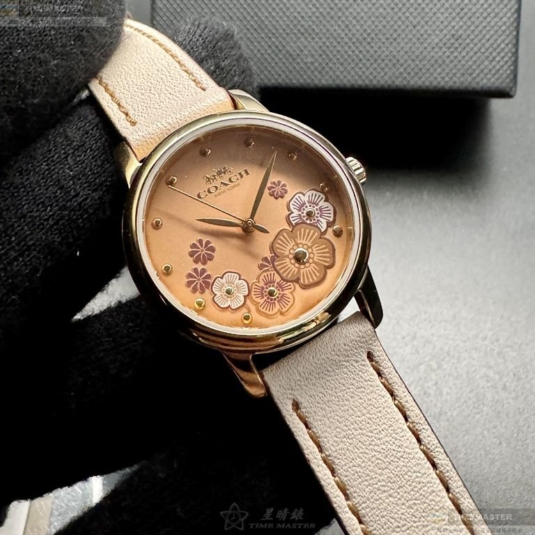 COACH手錶,編號CH00207,28mm金色圓形精鋼錶殼,粉紅中三針顯示, 山茶花錶面,米黃真皮皮革錶帶款-細節圖3