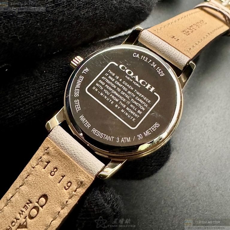 COACH手錶,編號CH00207,28mm金色圓形精鋼錶殼,粉紅中三針顯示, 山茶花錶面,米黃真皮皮革錶帶款-細節圖4