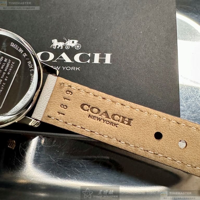 COACH手錶,編號CH00207,28mm金色圓形精鋼錶殼,粉紅中三針顯示, 山茶花錶面,米黃真皮皮革錶帶款-細節圖5