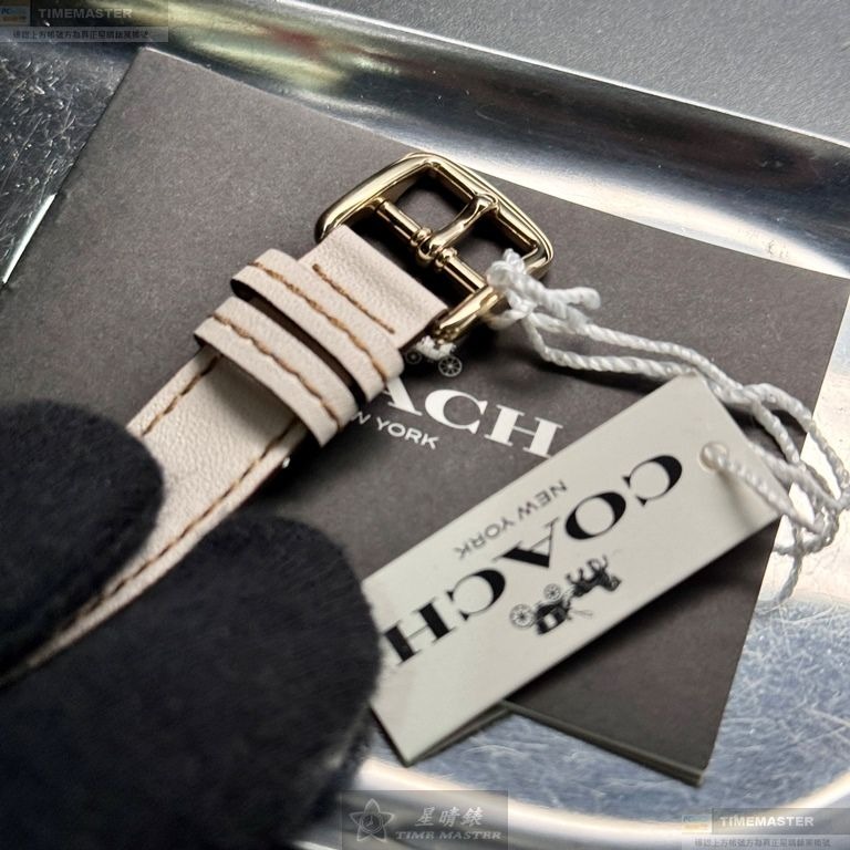 COACH手錶,編號CH00207,28mm金色圓形精鋼錶殼,粉紅中三針顯示, 山茶花錶面,米黃真皮皮革錶帶款-細節圖6