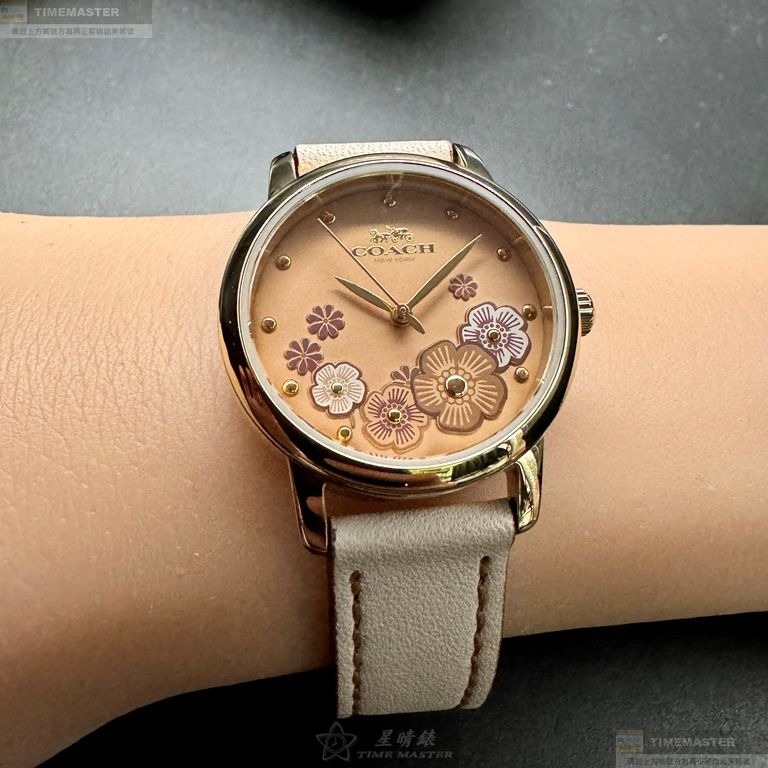 COACH手錶,編號CH00207,28mm金色圓形精鋼錶殼,粉紅中三針顯示, 山茶花錶面,米黃真皮皮革錶帶款-細節圖7