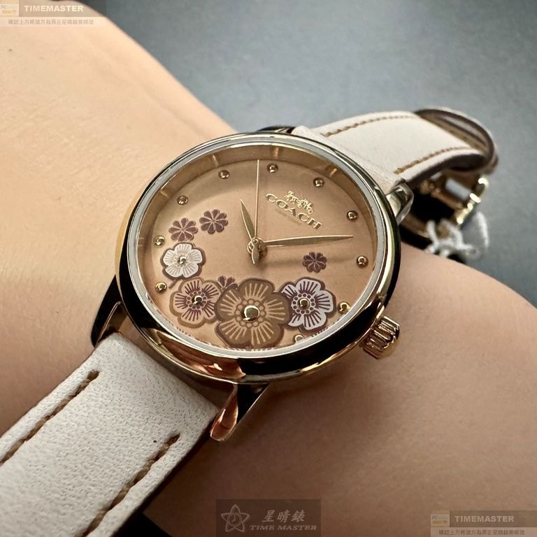 COACH手錶,編號CH00207,28mm金色圓形精鋼錶殼,粉紅中三針顯示, 山茶花錶面,米黃真皮皮革錶帶款-細節圖8