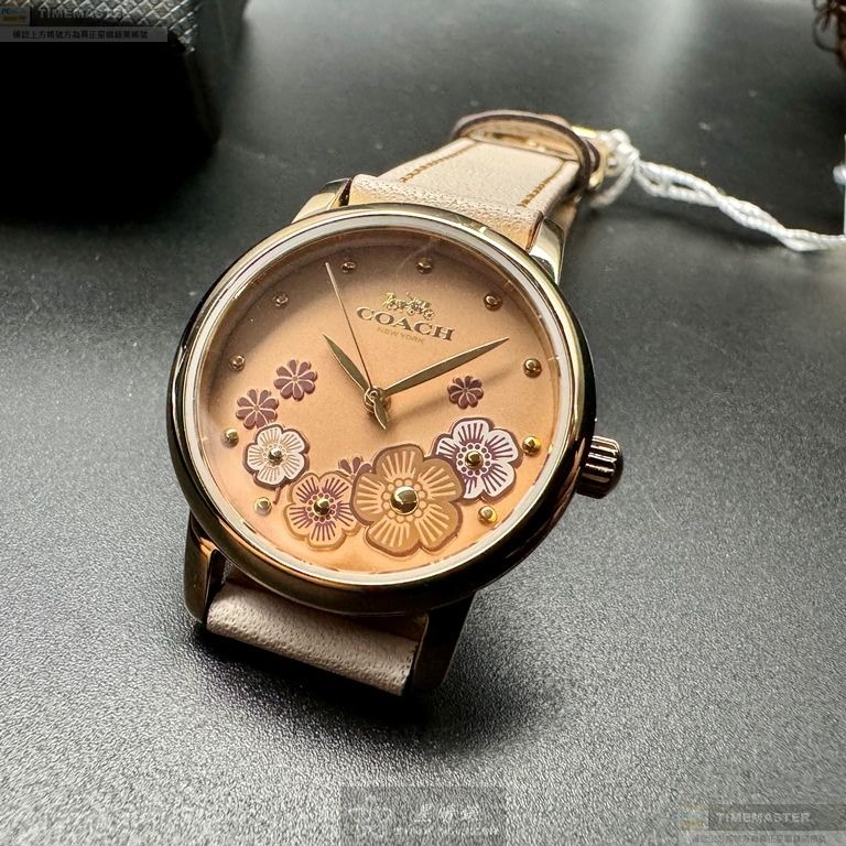 COACH手錶,編號CH00207,28mm金色圓形精鋼錶殼,粉紅中三針顯示, 山茶花錶面,米黃真皮皮革錶帶款-細節圖9