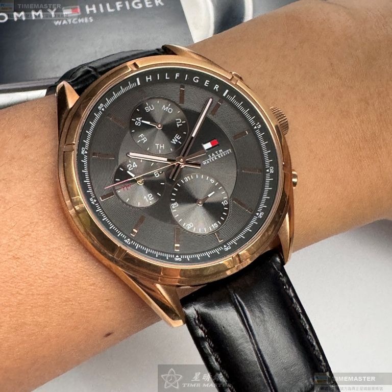 TommyHilfiger手錶,編號TH00067,44mm玫瑰金錶殼,深黑色錶帶款-細節圖4