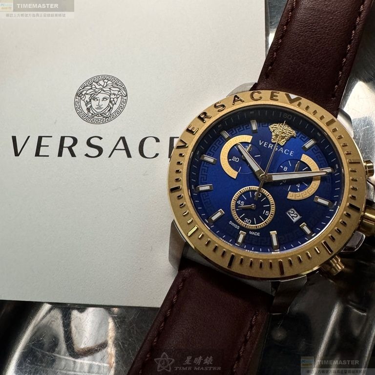 VERSACE手錶,編號VS11331,46mm金色圓形精鋼錶殼,寶藍色中三針顯示錶面,咖啡色真皮皮革錶帶款-細節圖2