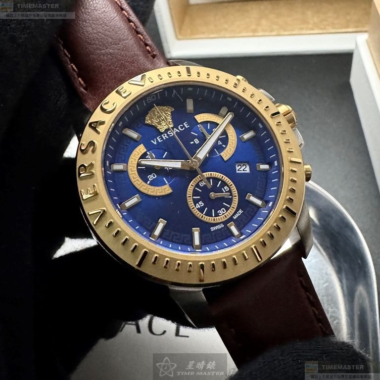 VERSACE手錶,編號VS11331,46mm金色圓形精鋼錶殼,寶藍色中三針顯示錶面,咖啡色真皮皮革錶帶款-細節圖3