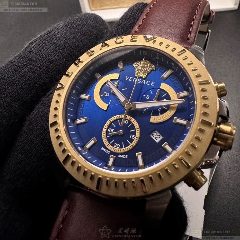 VERSACE手錶,編號VS11331,46mm金色圓形精鋼錶殼,寶藍色中三針顯示錶面,咖啡色真皮皮革錶帶款-細節圖4