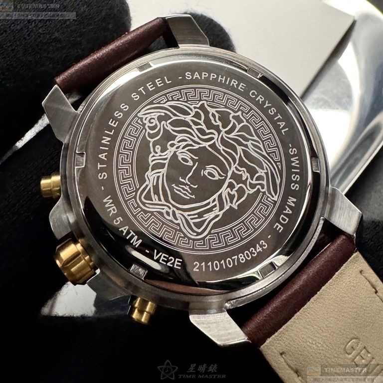 VERSACE手錶,編號VS11331,46mm金色圓形精鋼錶殼,寶藍色中三針顯示錶面,咖啡色真皮皮革錶帶款-細節圖5