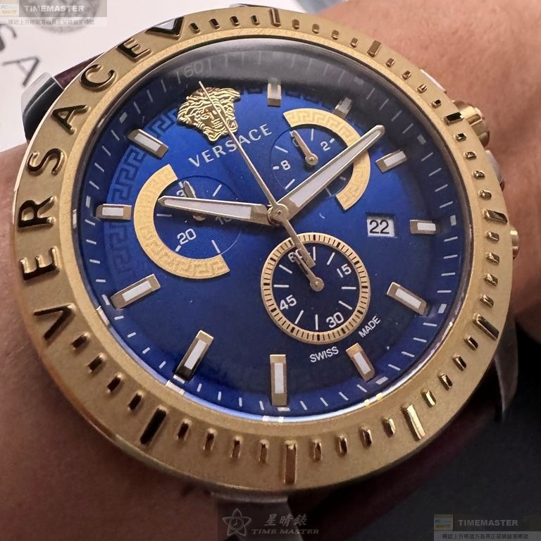 VERSACE手錶,編號VS11331,46mm金色圓形精鋼錶殼,寶藍色中三針顯示錶面,咖啡色真皮皮革錶帶款-細節圖8
