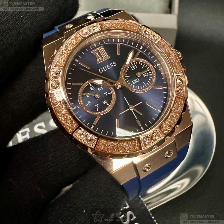 GUESS手錶,編號GC00003,40mm玫瑰金六角形精鋼錶殼,寶藍色三眼, 中三針顯示錶面,寶藍矽膠錶帶款-細節圖3