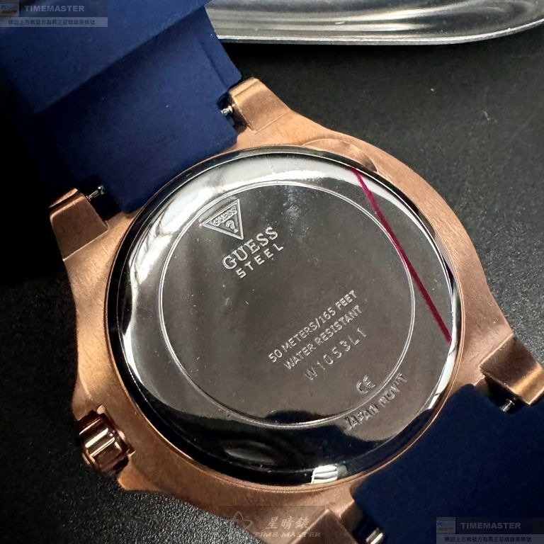 GUESS手錶,編號GC00003,40mm玫瑰金六角形精鋼錶殼,寶藍色三眼, 中三針顯示錶面,寶藍矽膠錶帶款-細節圖5