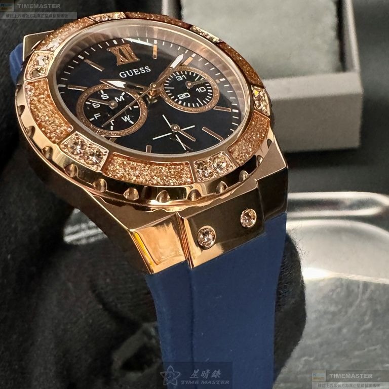 GUESS手錶,編號GC00003,40mm玫瑰金六角形精鋼錶殼,寶藍色三眼, 中三針顯示錶面,寶藍矽膠錶帶款-細節圖6