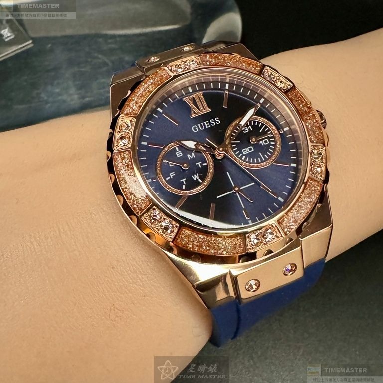 GUESS手錶,編號GC00003,40mm玫瑰金六角形精鋼錶殼,寶藍色三眼, 中三針顯示錶面,寶藍矽膠錶帶款-細節圖8