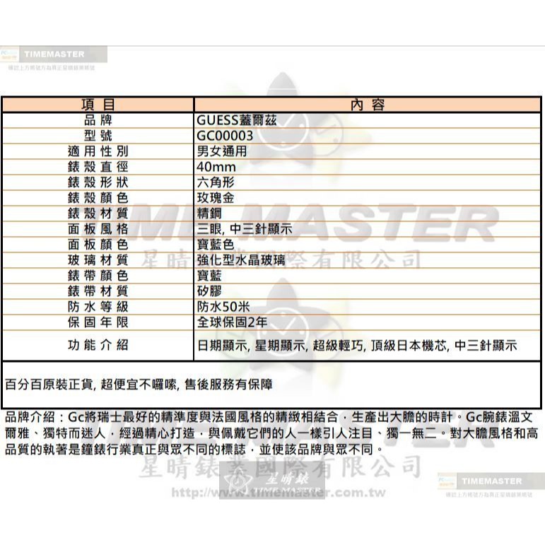 GUESS手錶,編號GC00003,40mm玫瑰金六角形精鋼錶殼,寶藍色三眼, 中三針顯示錶面,寶藍矽膠錶帶款-細節圖10