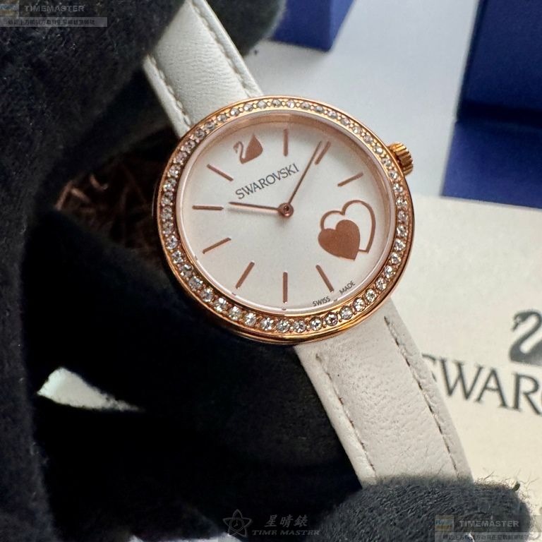 SWAROVSKI手錶,編號SW00020,34mm玫瑰金圓形精鋼錶殼,白色中三針顯示錶面,白真皮皮革錶帶款,可愛迷人-細節圖3