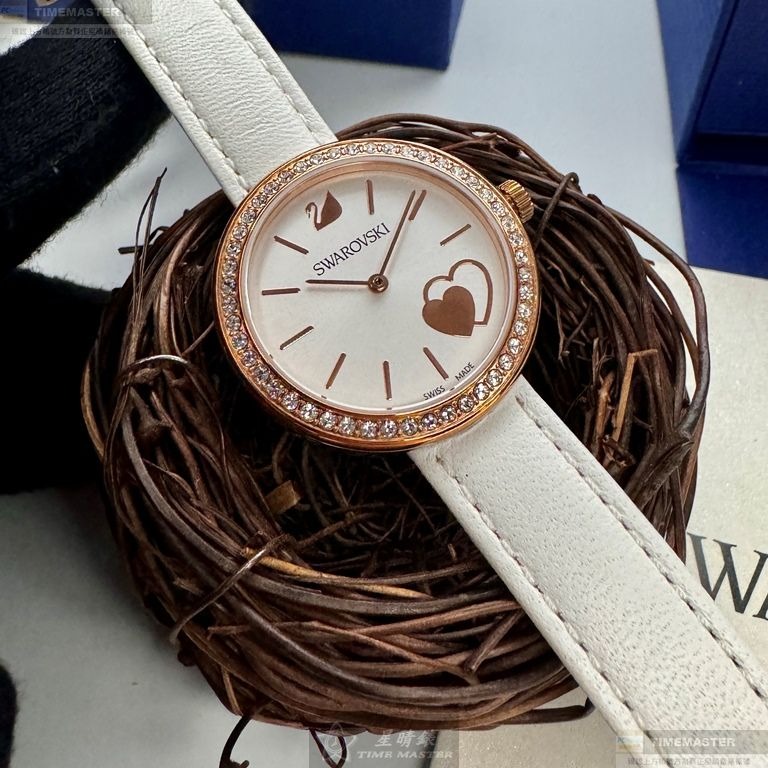 SWAROVSKI手錶,編號SW00020,34mm玫瑰金圓形精鋼錶殼,白色中三針顯示錶面,白真皮皮革錶帶款,可愛迷人-細節圖4