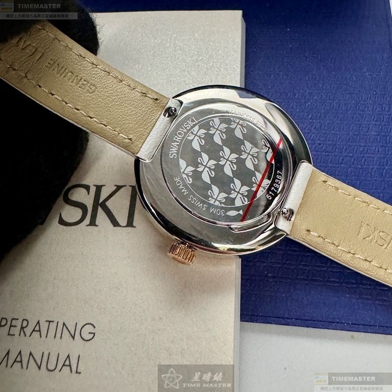 SWAROVSKI手錶,編號SW00020,34mm玫瑰金圓形精鋼錶殼,白色中三針顯示錶面,白真皮皮革錶帶款,可愛迷人-細節圖5