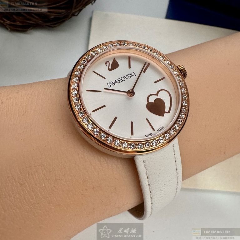 SWAROVSKI手錶,編號SW00020,34mm玫瑰金圓形精鋼錶殼,白色中三針顯示錶面,白真皮皮革錶帶款,可愛迷人-細節圖8
