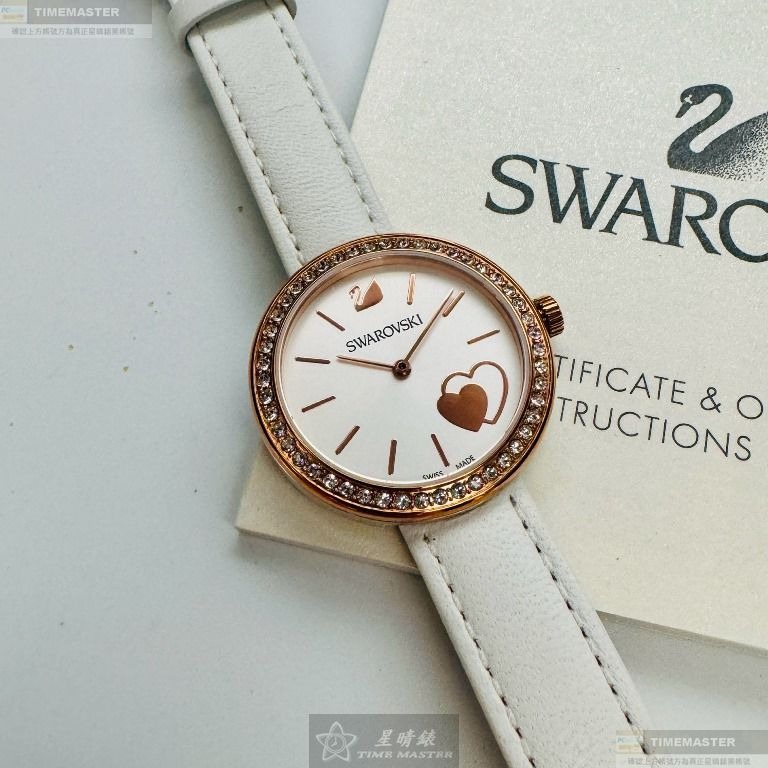 SWAROVSKI手錶,編號SW00020,34mm玫瑰金圓形精鋼錶殼,白色中三針顯示錶面,白真皮皮革錶帶款,可愛迷人-細節圖9
