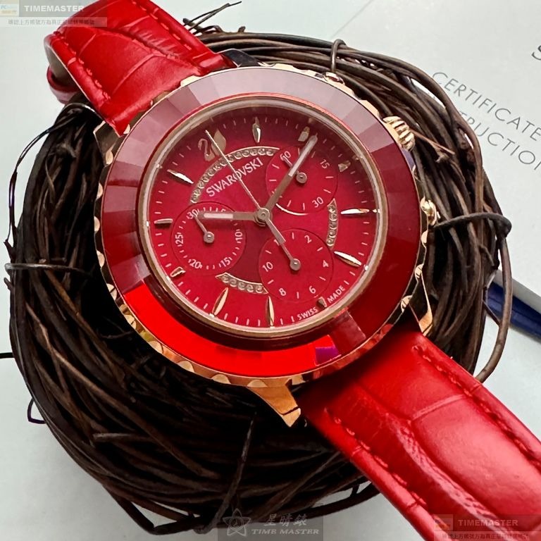 SWAROVSKI手錶,編號SW00022,46mm紅色圓形精鋼錶殼,大紅色三眼, 中三針顯示錶面,大紅真皮皮革錶帶款-細節圖3