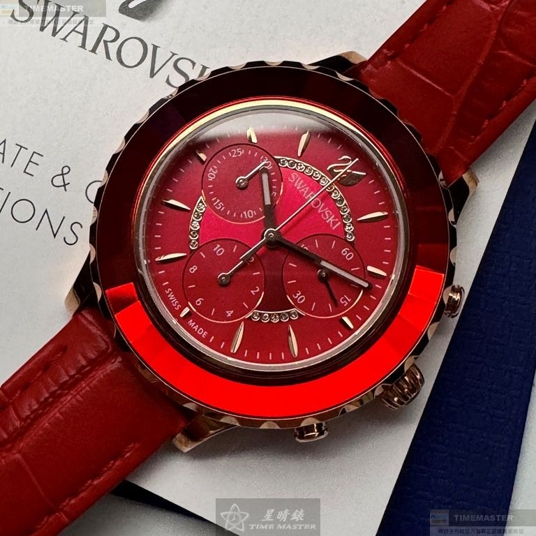 SWAROVSKI手錶,編號SW00022,46mm紅色圓形精鋼錶殼,大紅色三眼, 中三針顯示錶面,大紅真皮皮革錶帶款-細節圖4