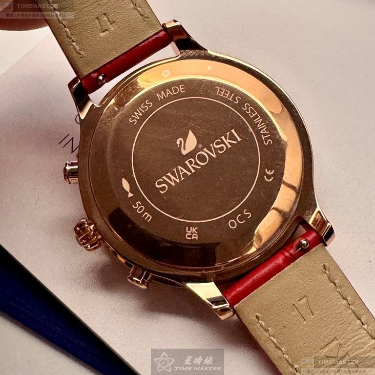 SWAROVSKI手錶,編號SW00022,46mm紅色圓形精鋼錶殼,大紅色三眼, 中三針顯示錶面,大紅真皮皮革錶帶款-細節圖6