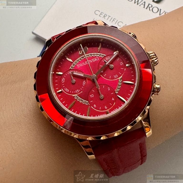 SWAROVSKI手錶,編號SW00022,46mm紅色圓形精鋼錶殼,大紅色三眼, 中三針顯示錶面,大紅真皮皮革錶帶款-細節圖8