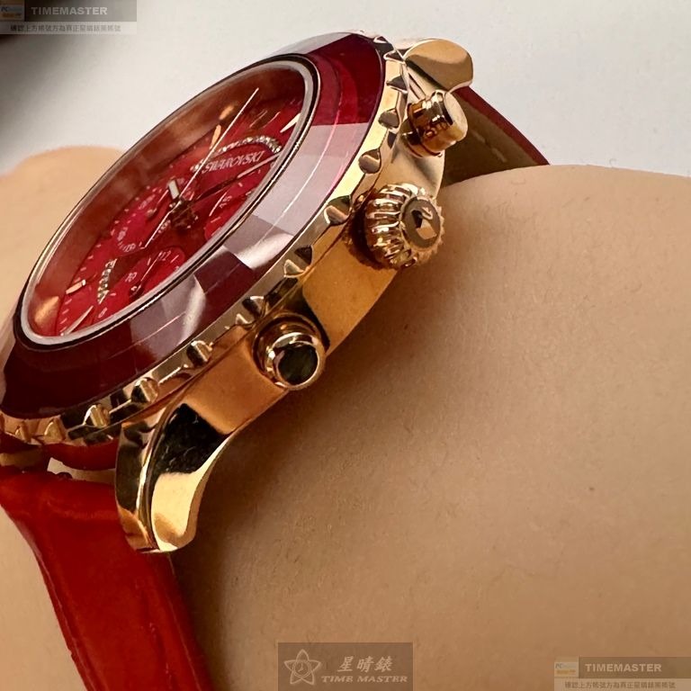 SWAROVSKI手錶,編號SW00022,46mm紅色圓形精鋼錶殼,大紅色三眼, 中三針顯示錶面,大紅真皮皮革錶帶款-細節圖9