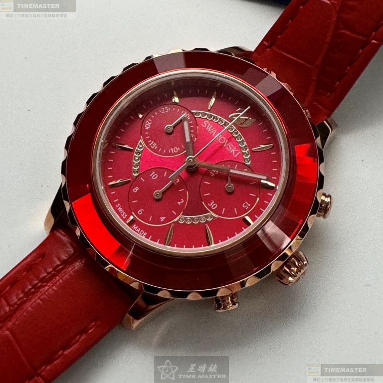 SWAROVSKI手錶,編號SW00022,46mm紅色圓形精鋼錶殼,大紅色三眼, 中三針顯示錶面,大紅真皮皮革錶帶款-細節圖11